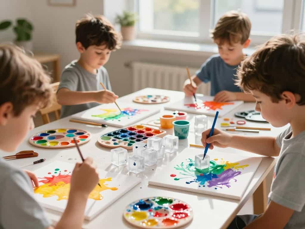 Kinder malen mit Eis und verschiedenen Techniken