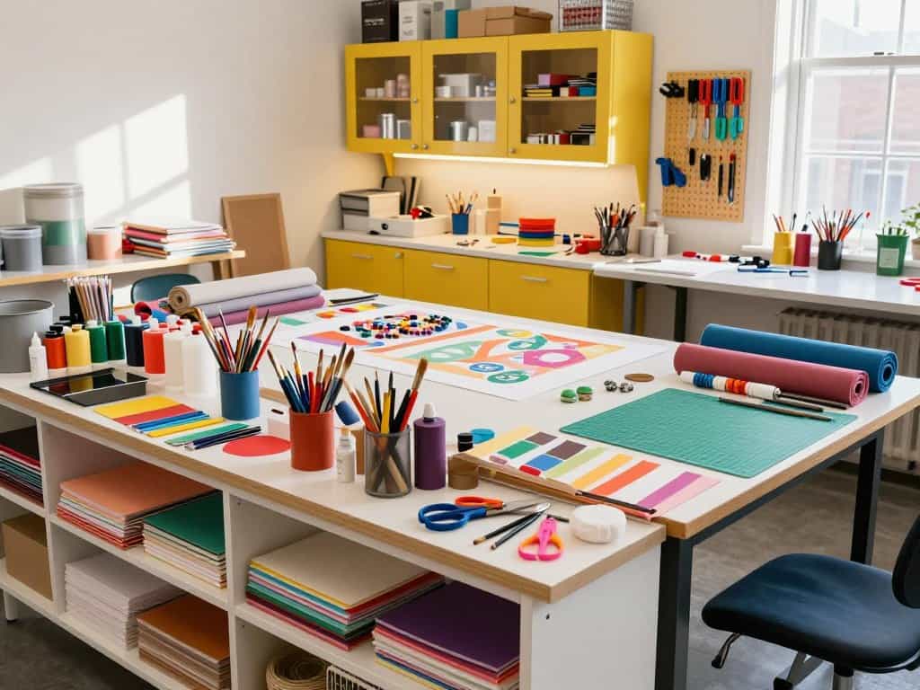 Bastelmaterialien und Werkzeuge in einer gut organisierten Bastelwerkstatt einrichten