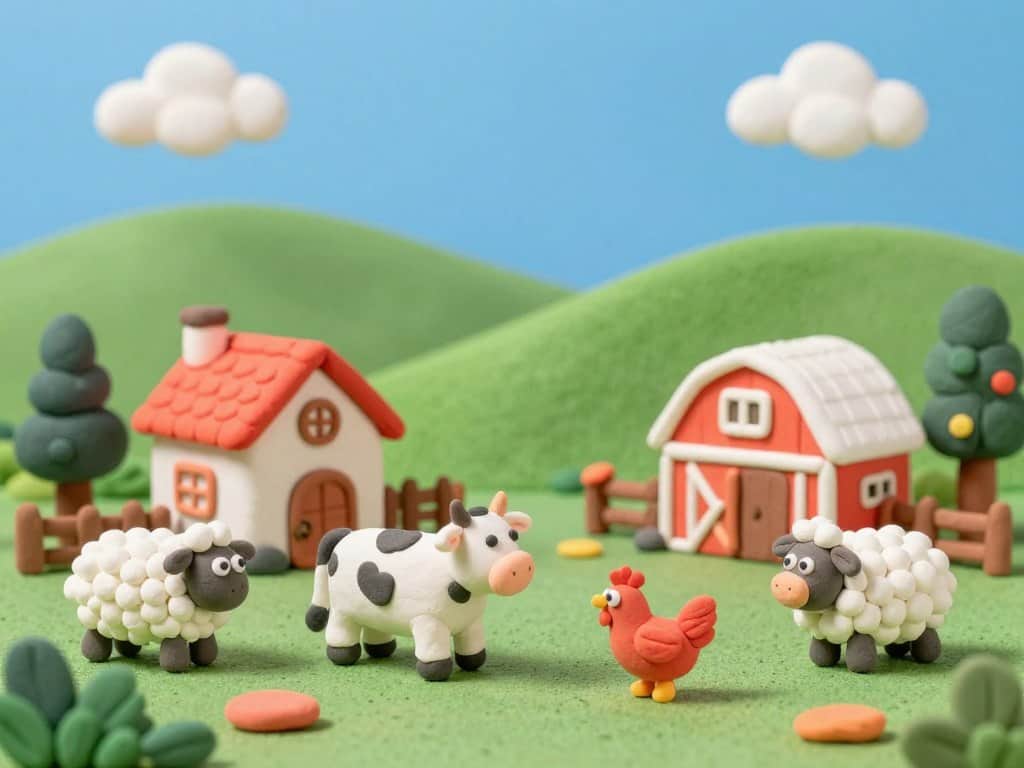 Bauernhof aus Knete mit Tieren und Gebäuden
