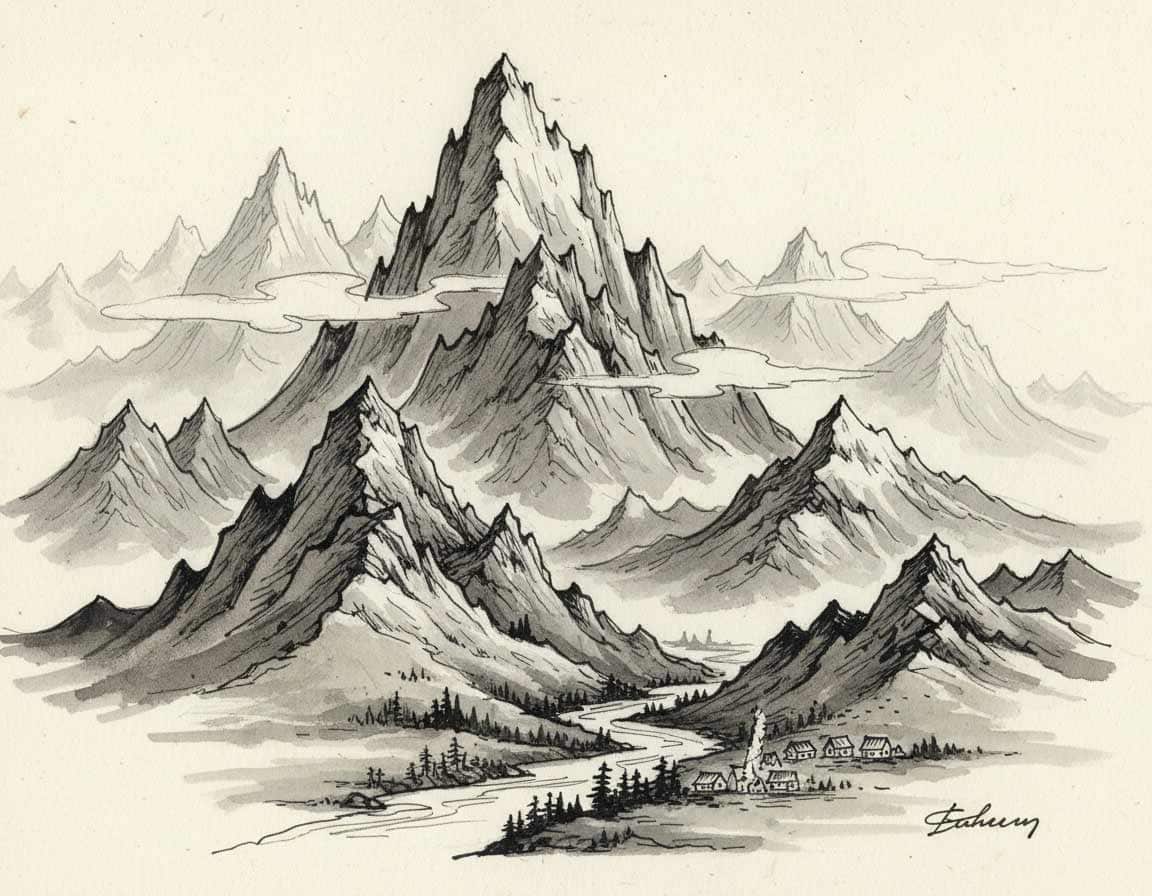 Bergkette in Wolken zeichnen Bergkette in Wolken zeichnen