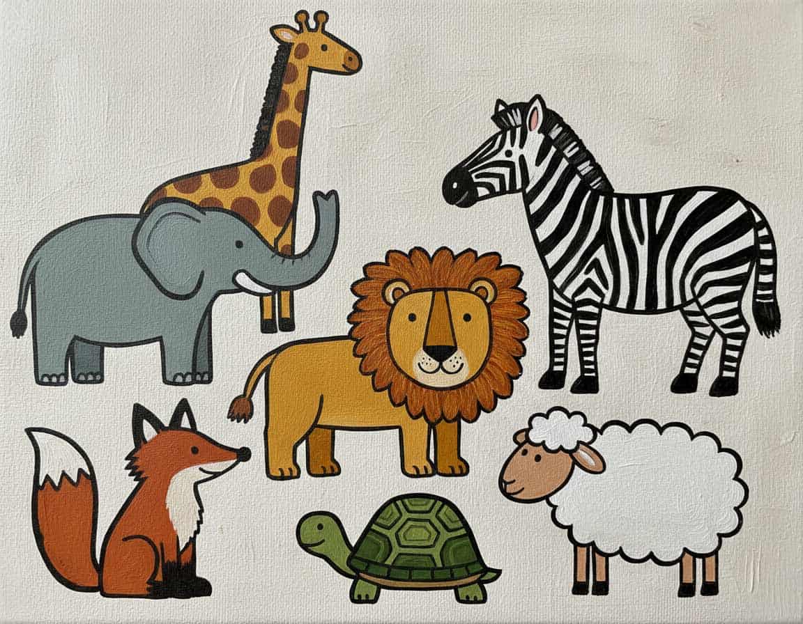Ein gemaltes Bild mit verschiedenen Tierarten