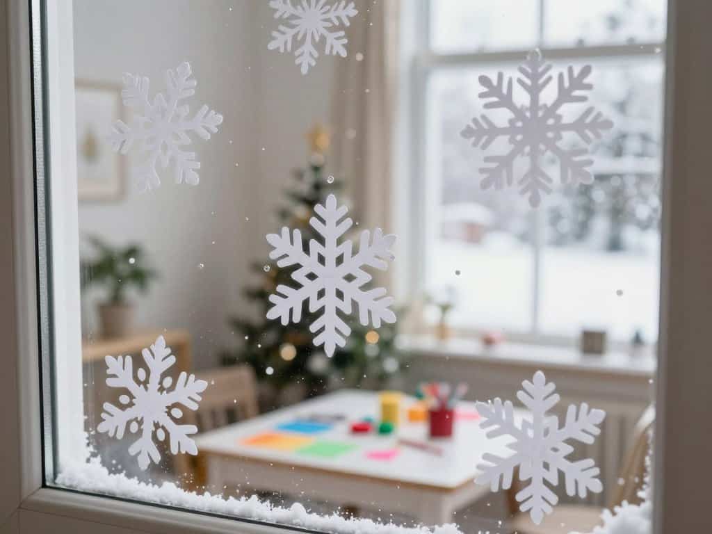 Fensterdeko Winter mit Schneeflocken befestigen
