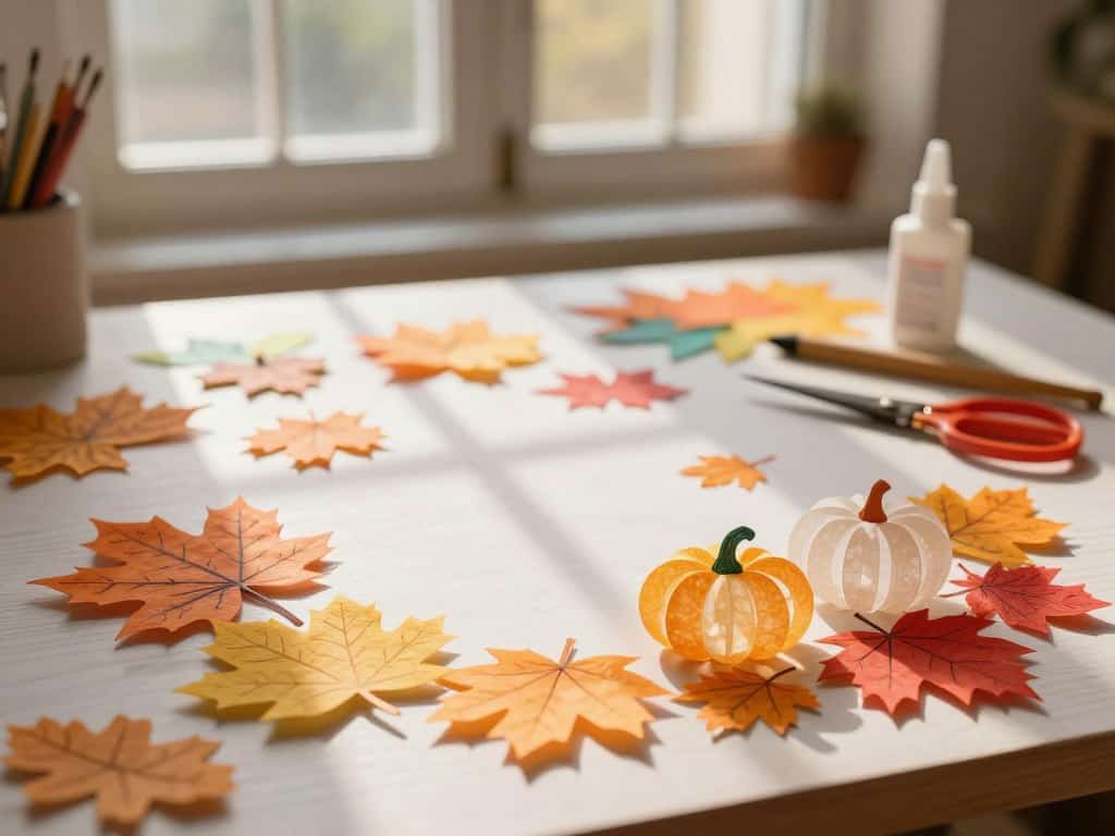 Herbstmotive aus Transparentpapier gestalten mit verschiedenen Blättern und Kürbissen