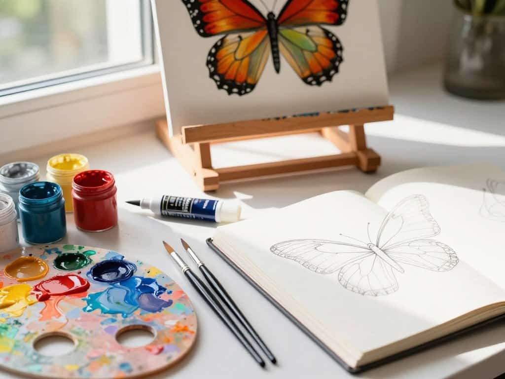 Malmaterialien und Werkzeuge zum Malen von Schmetterlingsbildern