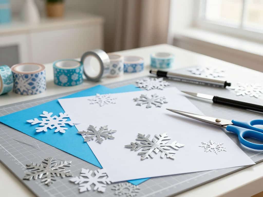 Materialien und Werkzeuge für Basteln mit Papier und Papierschneeflocken