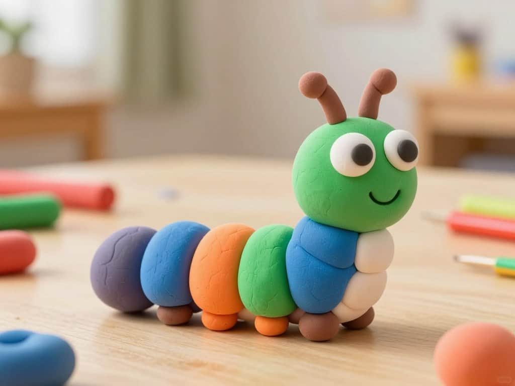 Raupe basteln mit Augen und Mund aus Knete für Kinder