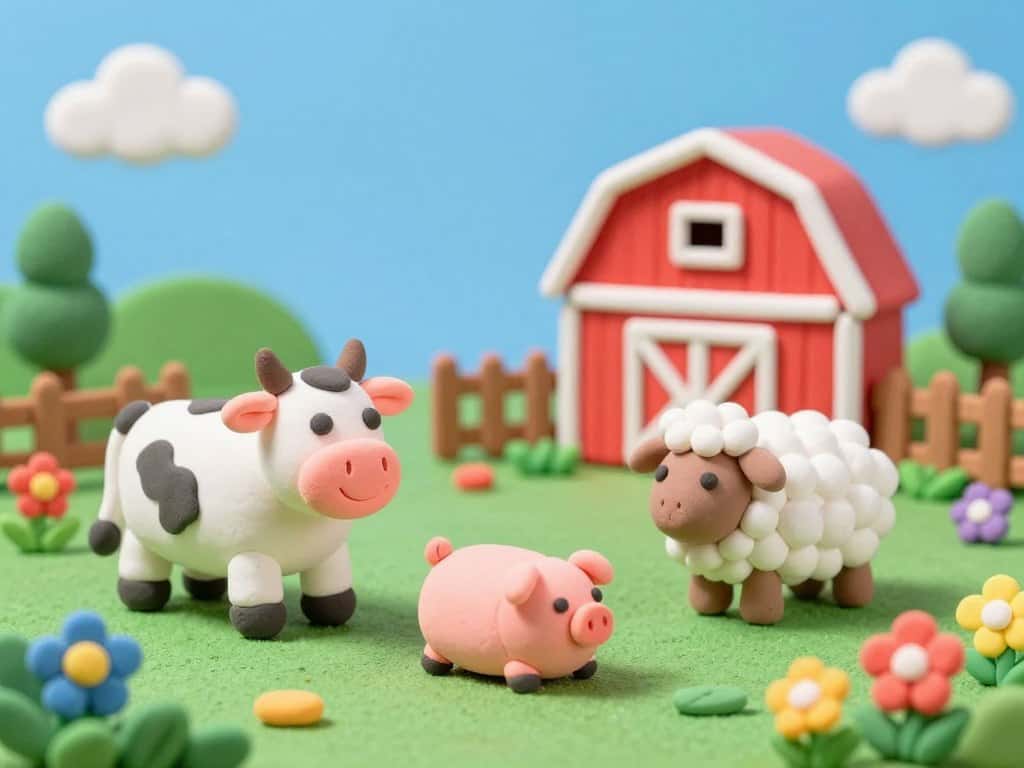 Tiere aus Knete modellieren - Kühe, Schweine und Schafe