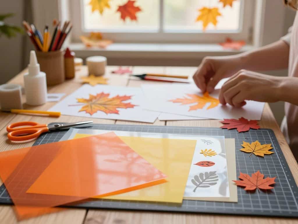 Transparentpapier basteln mit Herbstmotiven und Werkzeugen