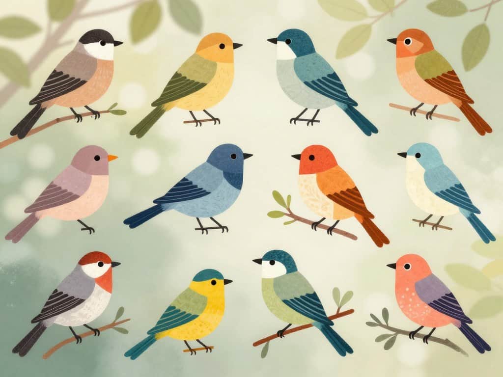 Vogelmotive in verschiedenen Stilen und Kompositionen