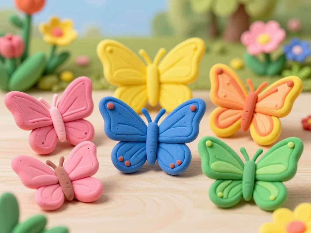 Bunte Schmetterlinge mit verschiedenen Knete Farben gestaltet
