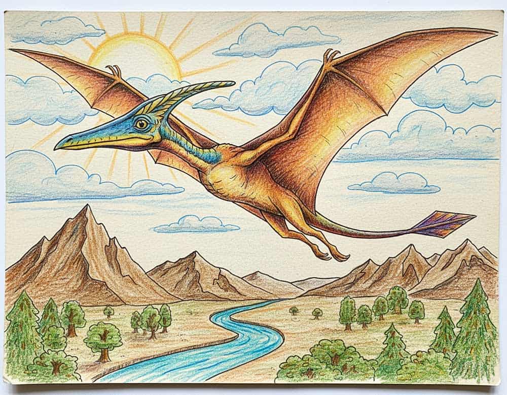 Gemalter Flugdinosaurier mit Buntstift gezeichnet