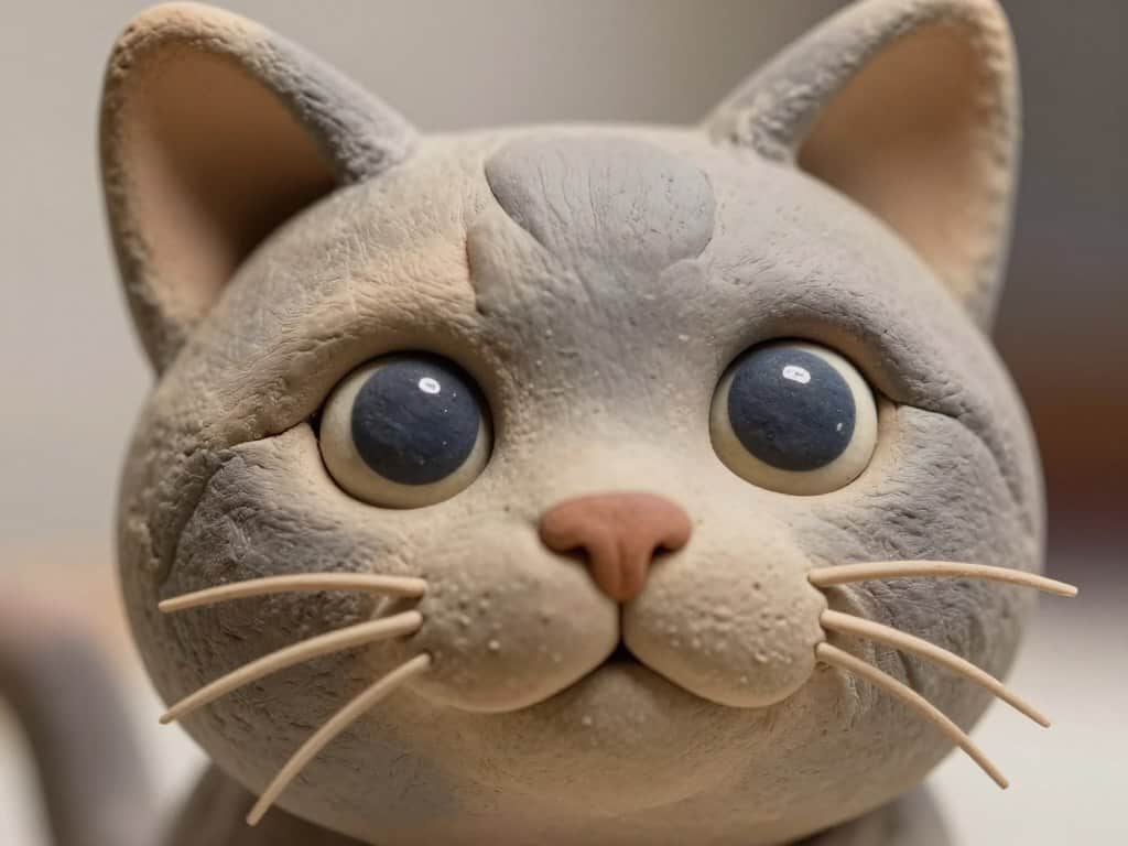 Gesichtsdetails einer Knetkatze mit ausdrucksstarken Augen