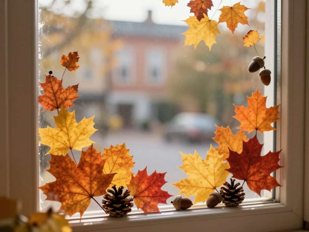 Herbstliche Fensterdeko mit Blättern und Naturmaterialien