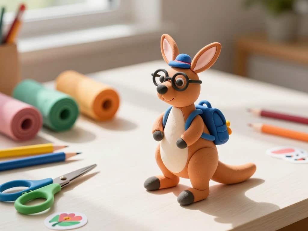 Kreatives Basteln mit buntem Knete-Känguru und verschiedenen Accessoires