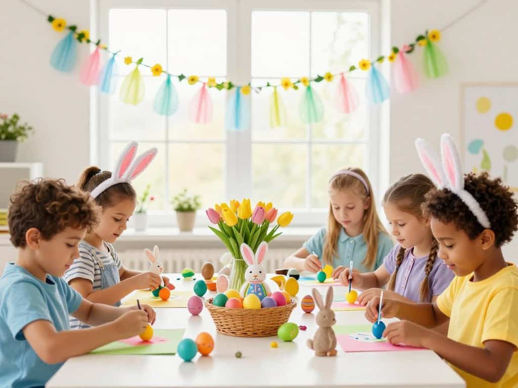 Osterdeko basteln Kinder mit Eiern und Hasen