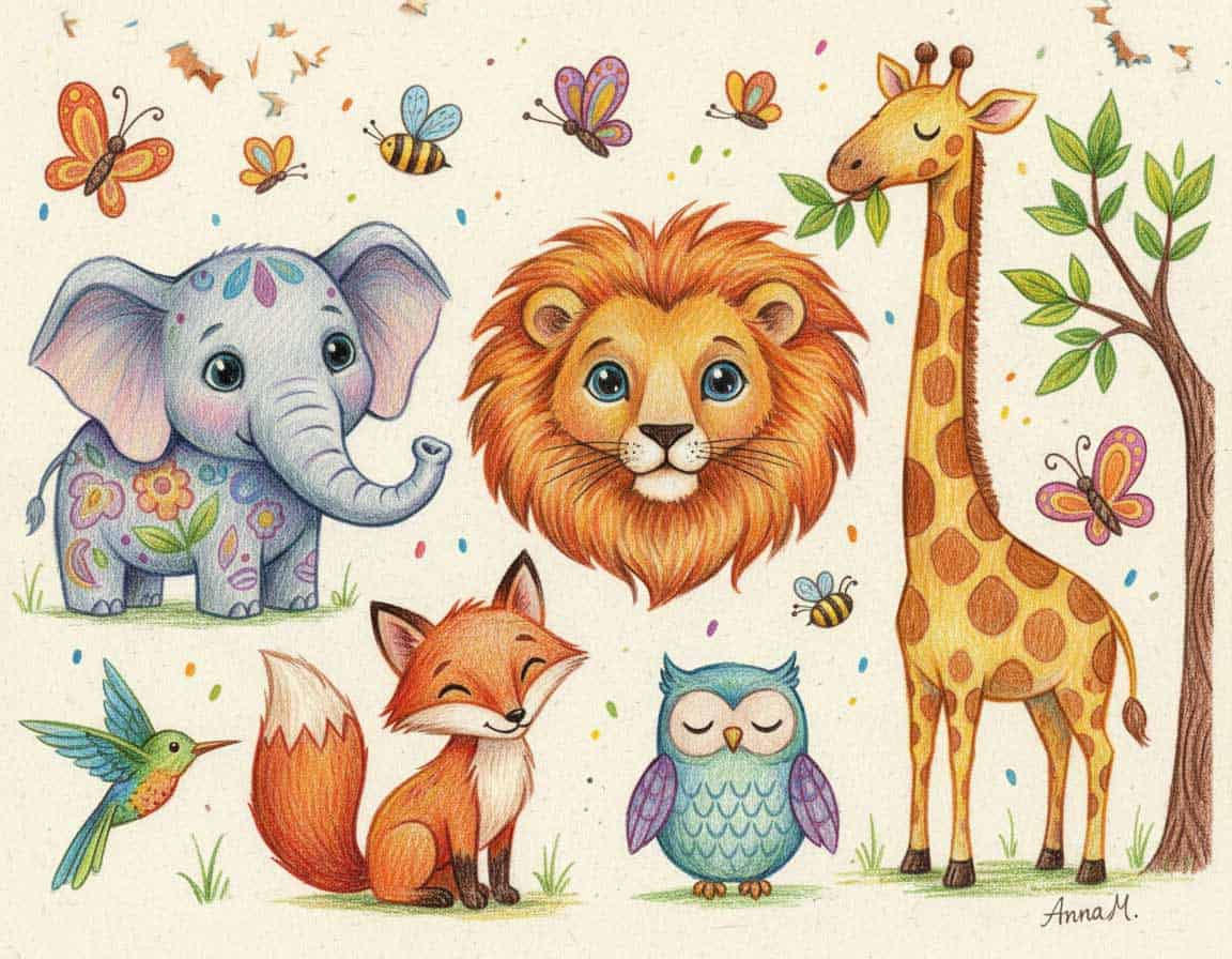 Kindliche Buntstiftzeichnung mit Tieren