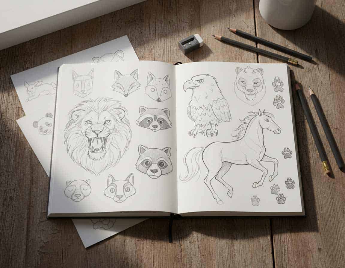 Verschiedene Zeichnungen von Tiermotiven