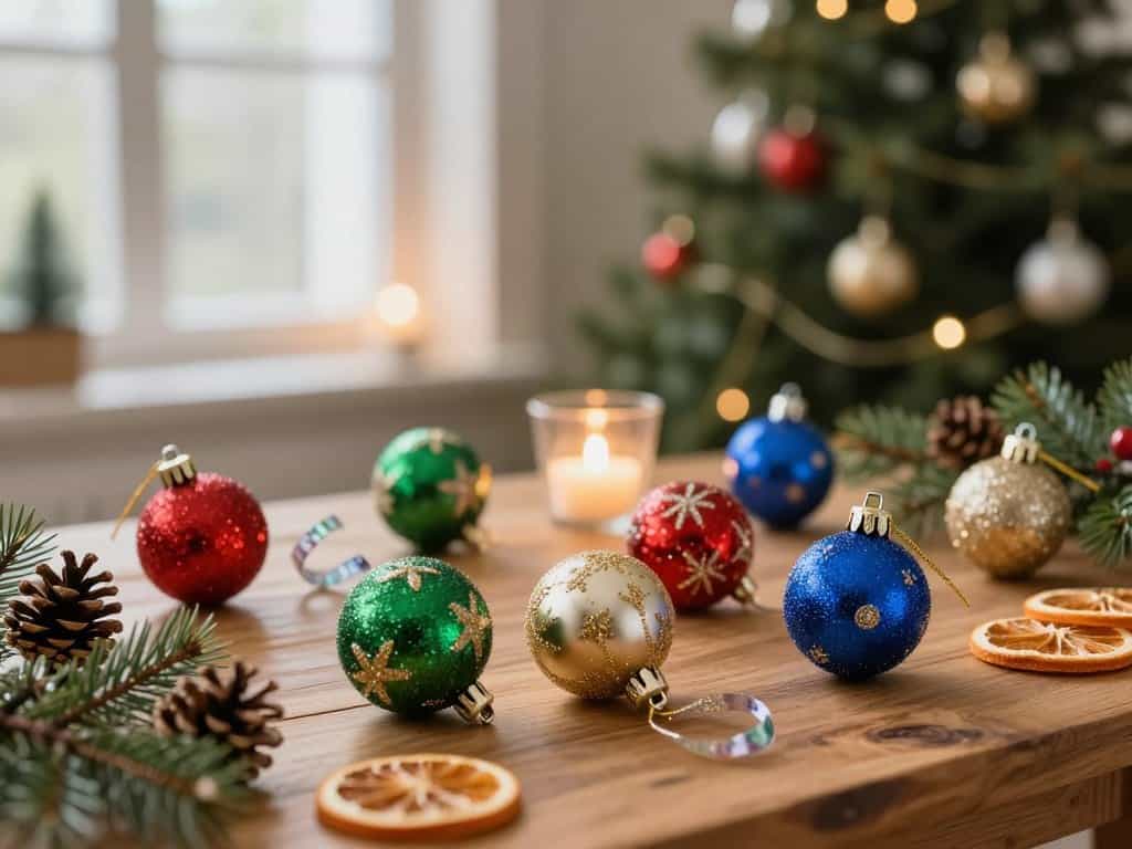 Weihnachtskugeln gestalten mit verschiedenen Farben und Dekorationselementen