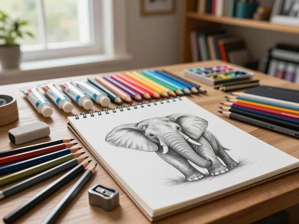 Zeichenmaterialien für Bleistiftzeichnung und Malvorlage Elefant Zeichenmaterialien für Bleistiftzeichnung und Malvorlage Elefant
