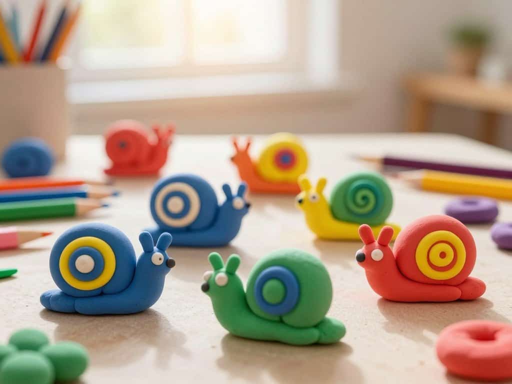 Bunte Schnecke kneten mit verschiedenen Farben und Mustern