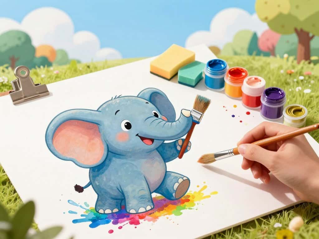 Cartoon Elefant malen mit verschiedenen Techniken
