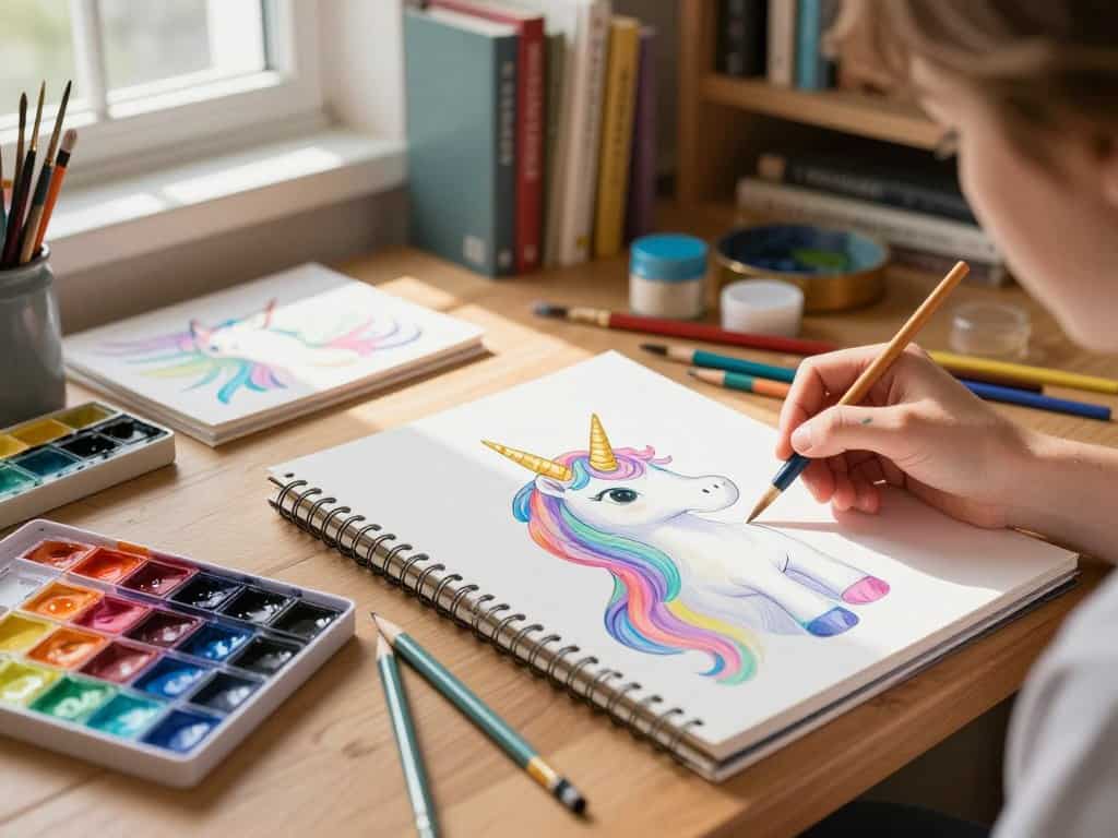 Einhorn malen einfach mit verschiedenen Malmaterialien