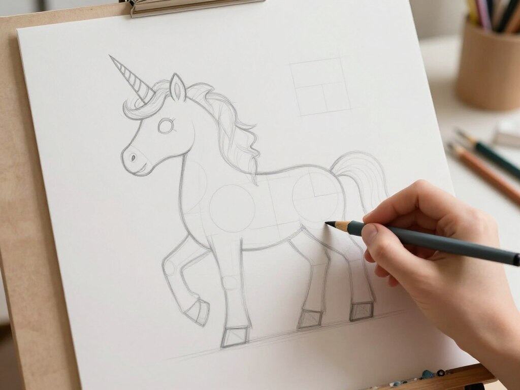 Einhorn zeichnen mit grundlegenden geometrischen Formen