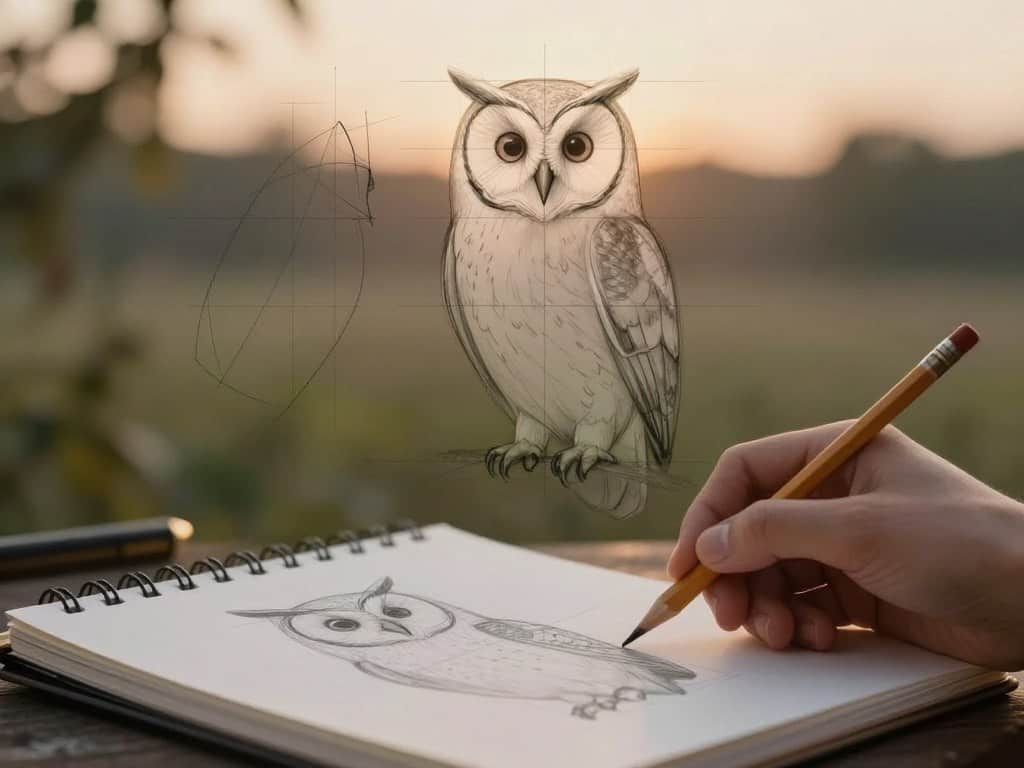 Eule skizzieren mit grundlegenden Proportionen