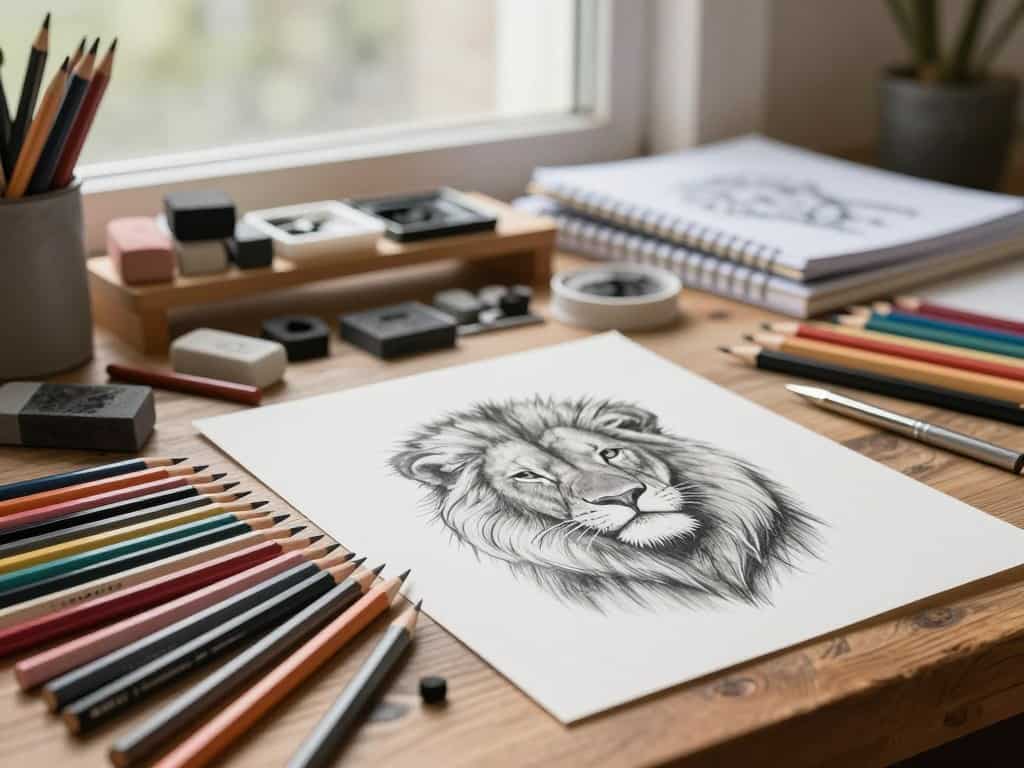 Graphitstifte und Zeichenmaterialien für Löwenzeichnungen