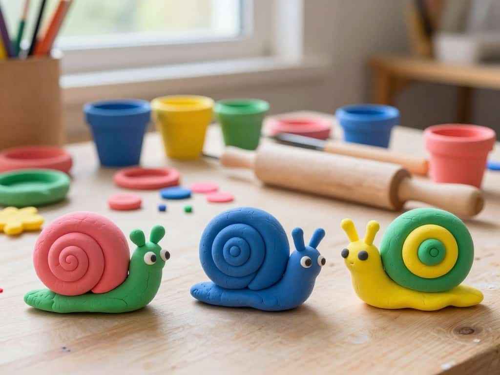 Kreativ basteln mit bunten Knete Muster für Schnecken