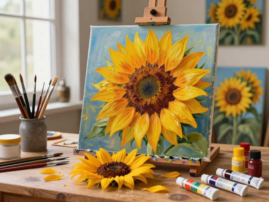 Maltechniken Sonnenblume mit verschiedenen Materialien und Pinseln