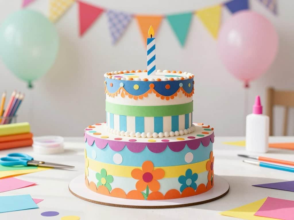 Papiertorte dekorieren mit bunten Farben und kreativen Mustern