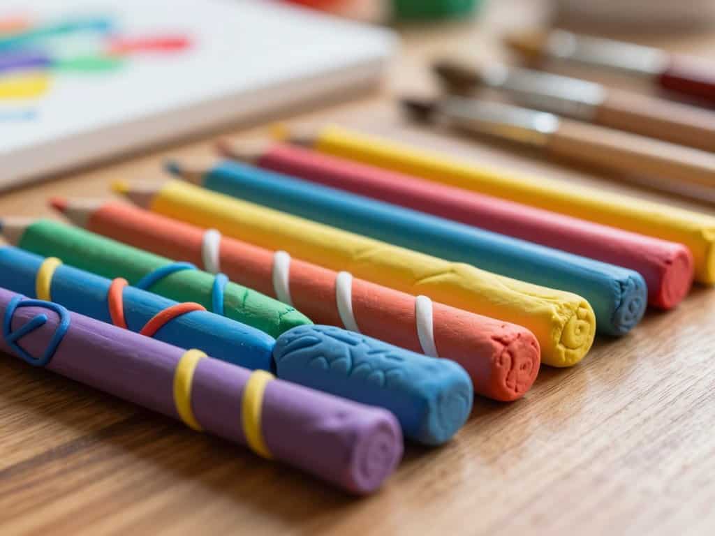 Du betrachtest gerade Stifte mit Knete dekorieren – Bunte Stift-Streifen gestalten