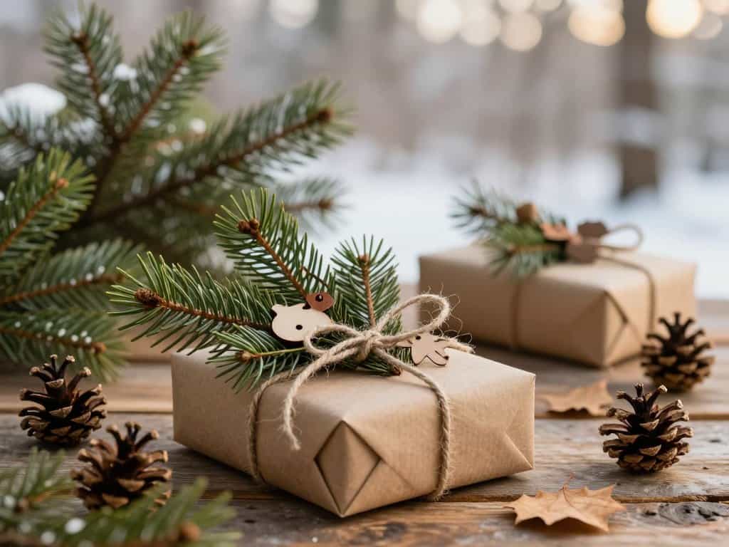 kreative Geschenkverpackung mit Tannenzweigen und Naturmaterialien