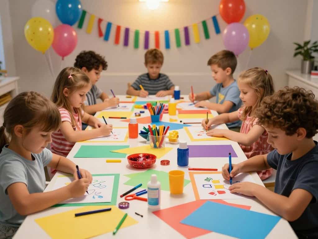 Bastelstation einrichten mit verschiedenem Bastelmaterial Kindergeburtstag