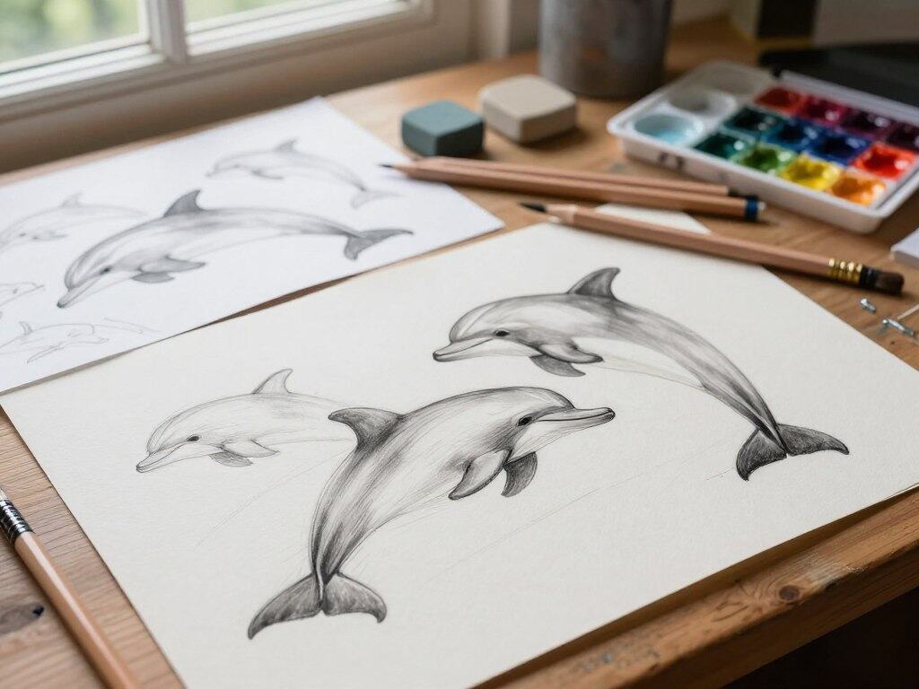Delfin Umrisse und Skizzenmaterialien