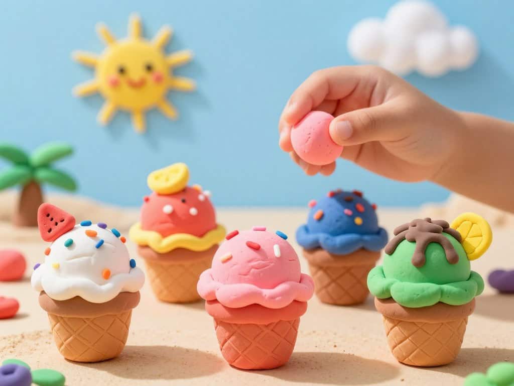 Eis aus Knete modellieren mit verschiedenen Farben und Dekoration