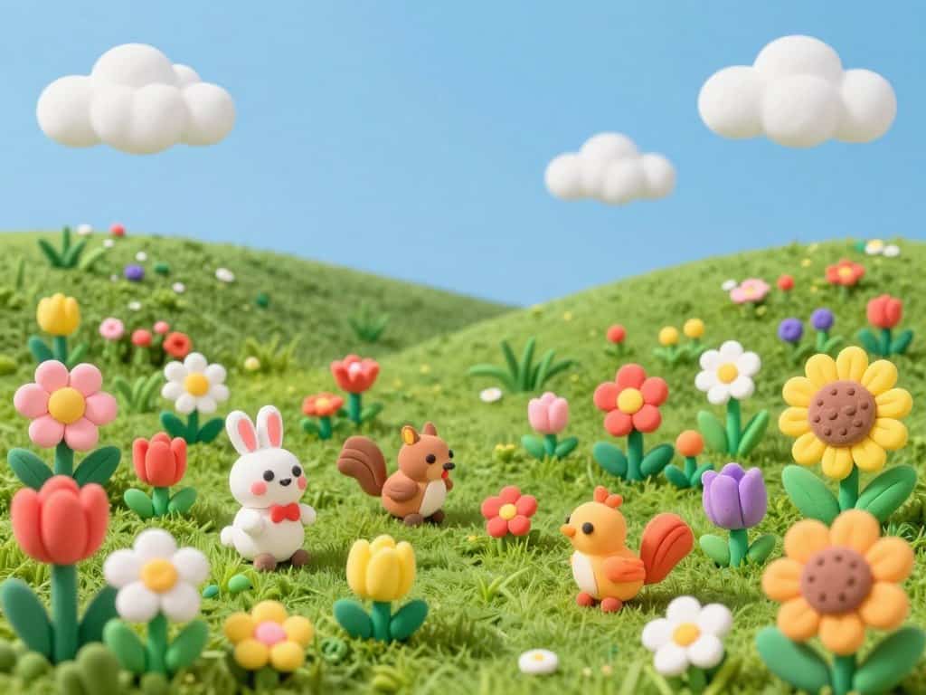 Frühlingswiese gestalten mit bunten Knetblumen und Tieren