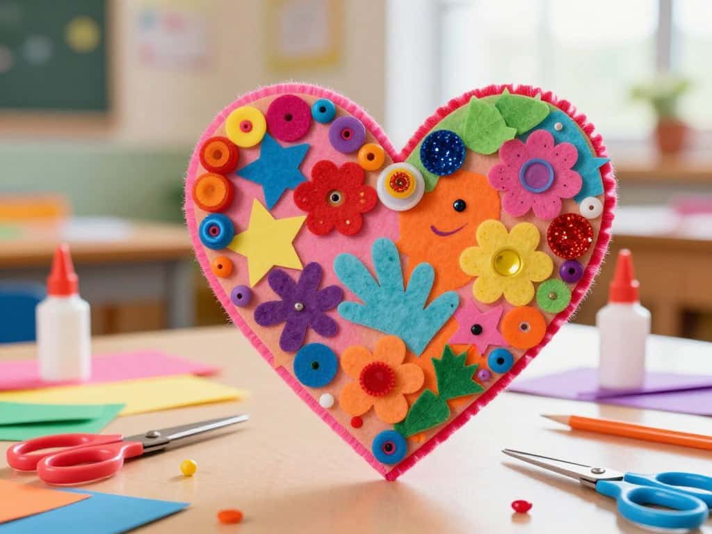 Kinderbastelei Herz mit farbigen Materialien