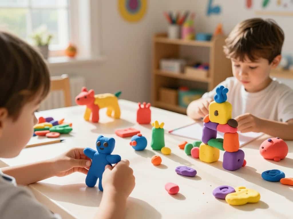 Kreatives Spielen mit bunter gehackter Knete und verschiedenen Knetprojekten