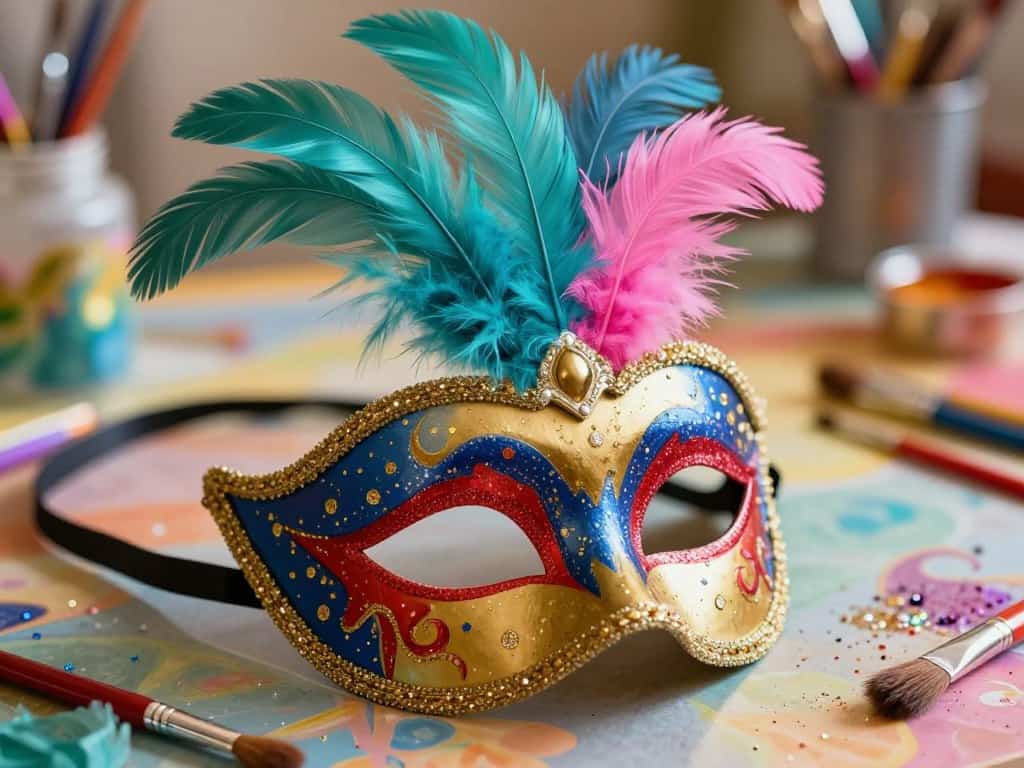 Maske bemalen und mit Glitzer und Federn verzieren