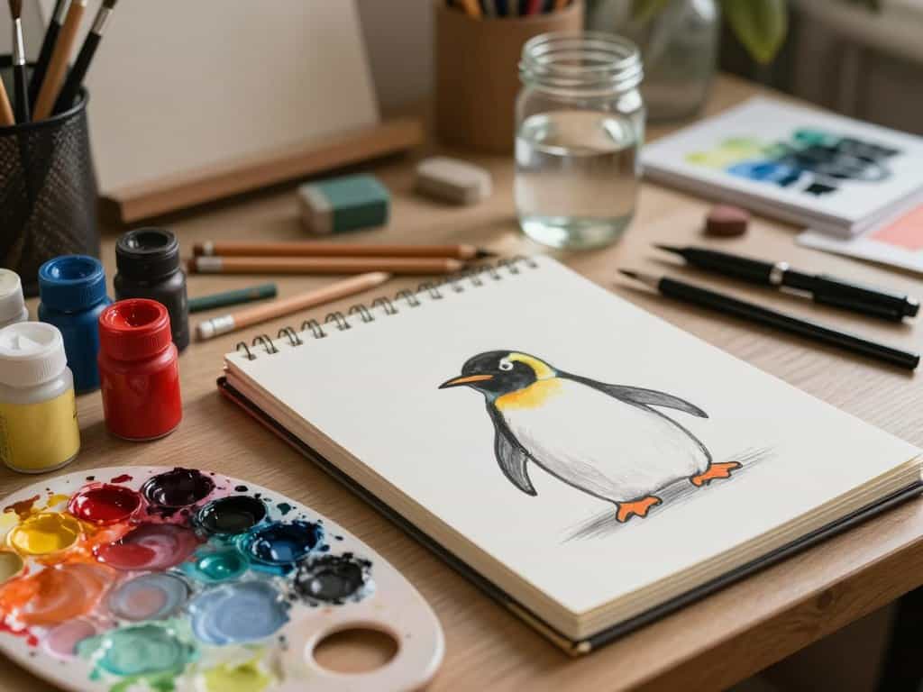 Zeichenmaterial und Malutensilien für Pinguin-Kunstwerk