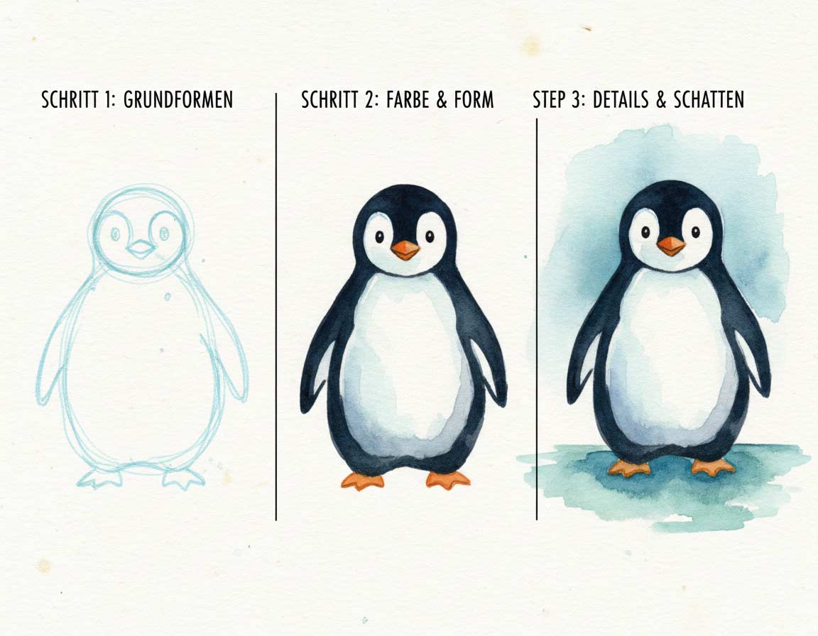 Pinguin Zeichnung - Schritte als Anleitung Pinguin Zeichnung - Schritte als Anleitung