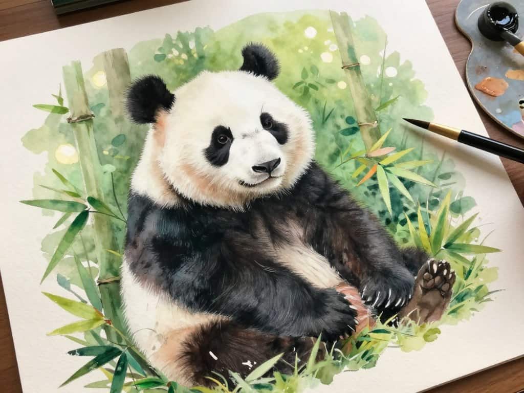realistische Panda Zeichnung mit verschiedenen Maltechniken