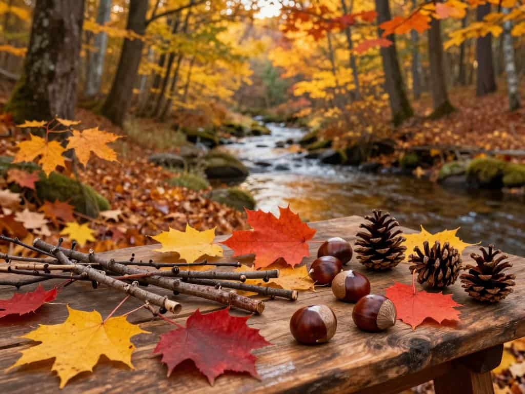 Basteln Herbst Wald mit bunten Blättern und Kastanien