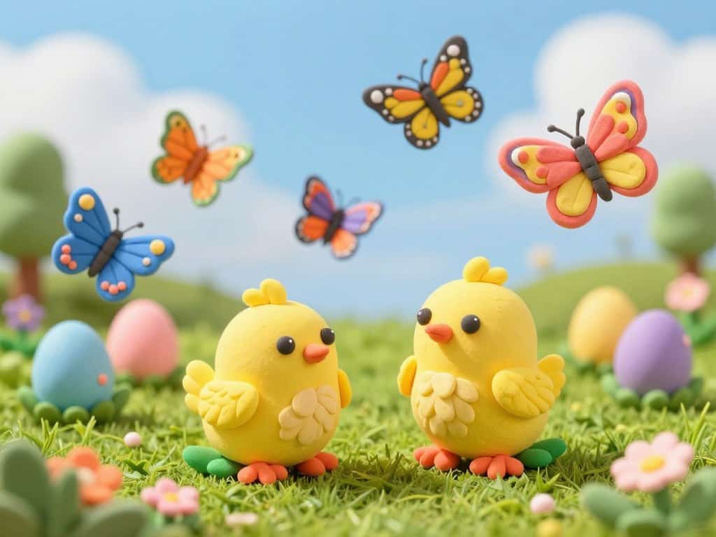 Frühlingstiere basteln mit Knete - bunte Küken und Schmetterlinge