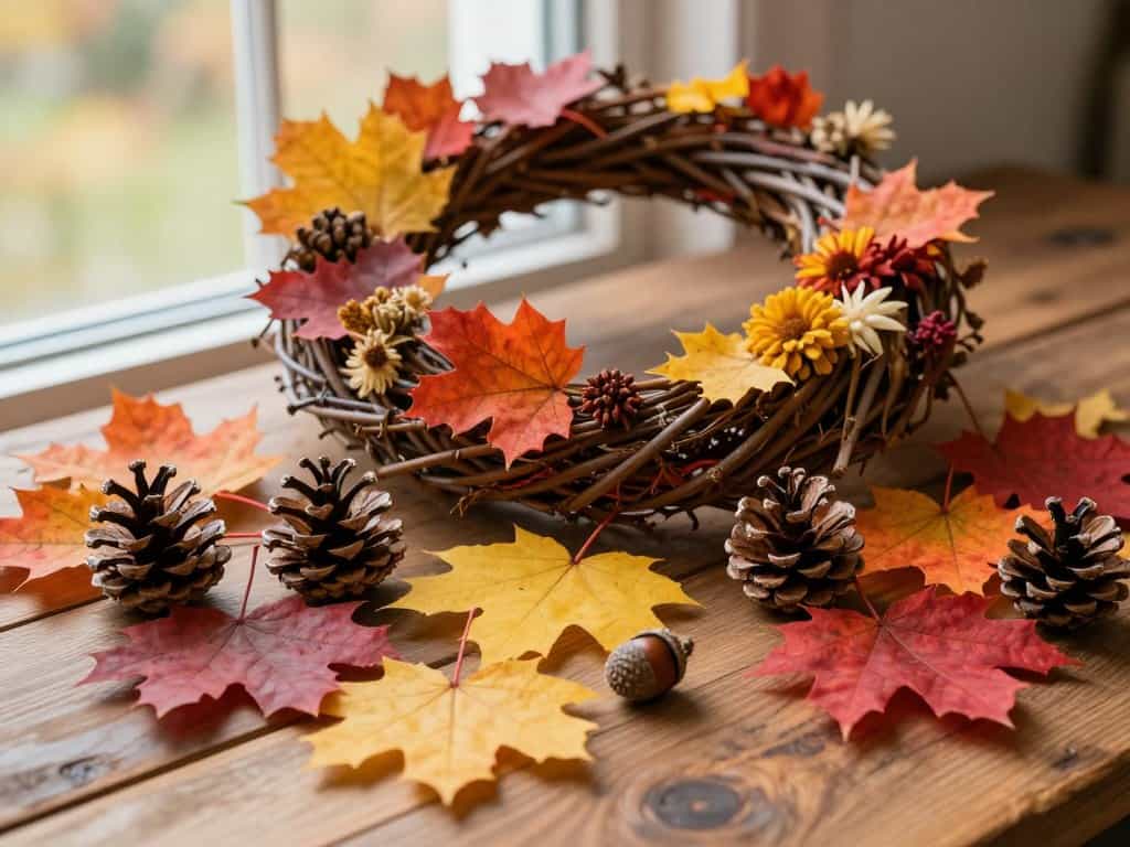Herbstdeko mit bunten Blättern und Naturmaterialien