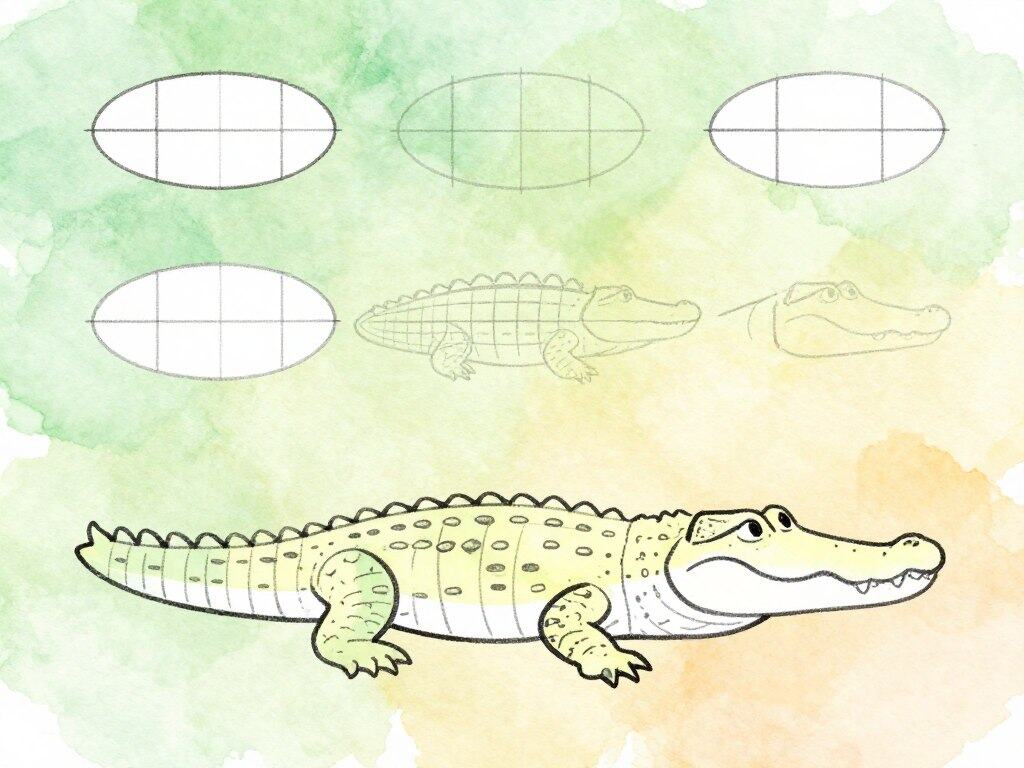 Krokodil Zeichnung mit Grundformen und Schritten