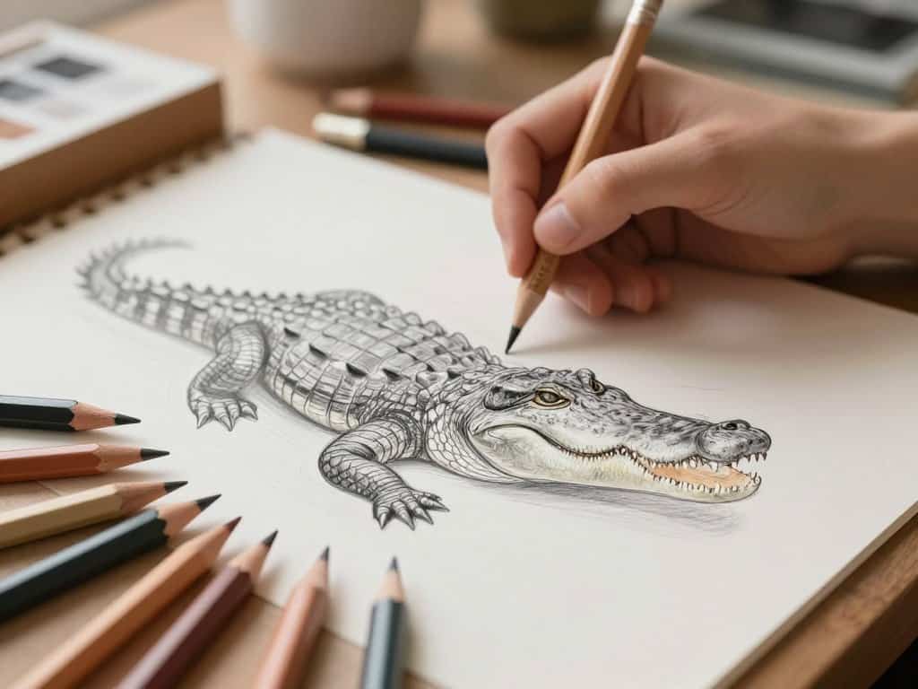 Krokodil skizzieren mit verschiedenen Bleistiften und Papier