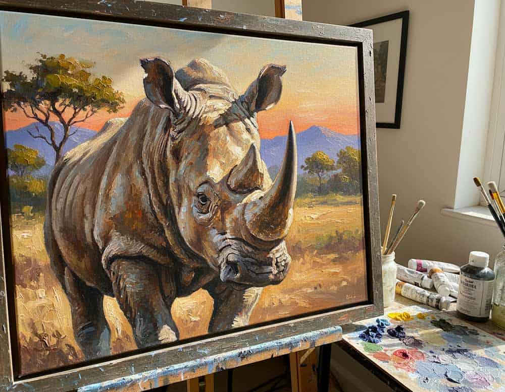Ein Bild von einem Nashorn wird gemalt Ein Bild von einem Nashorn wird gemalt
